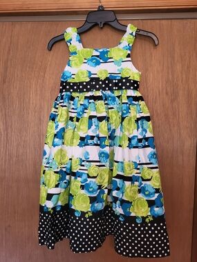 NWT Bonnie Jean Girls Floral Striped Sundress with Polka Dot Trim - Blue & Lime